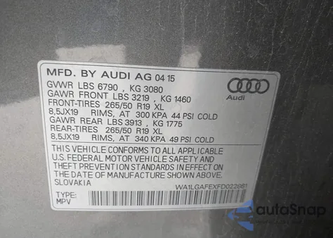 2015 Audi Q7 3.0T Premium from USA, damaged, VIN WA1LGAFEXFD022861